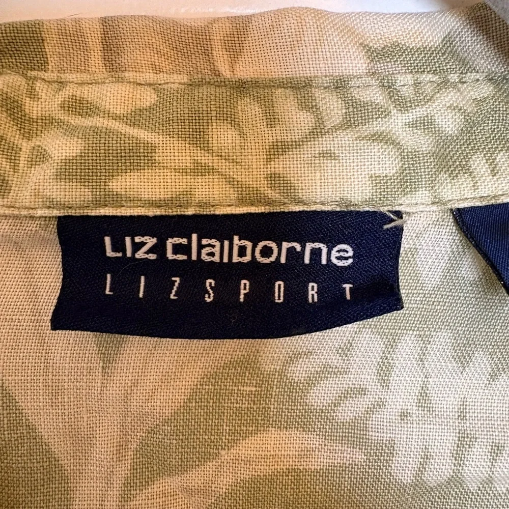 Liz Claiborne Liz Sport Green Linen Tropical Print Button Down Shirt Large